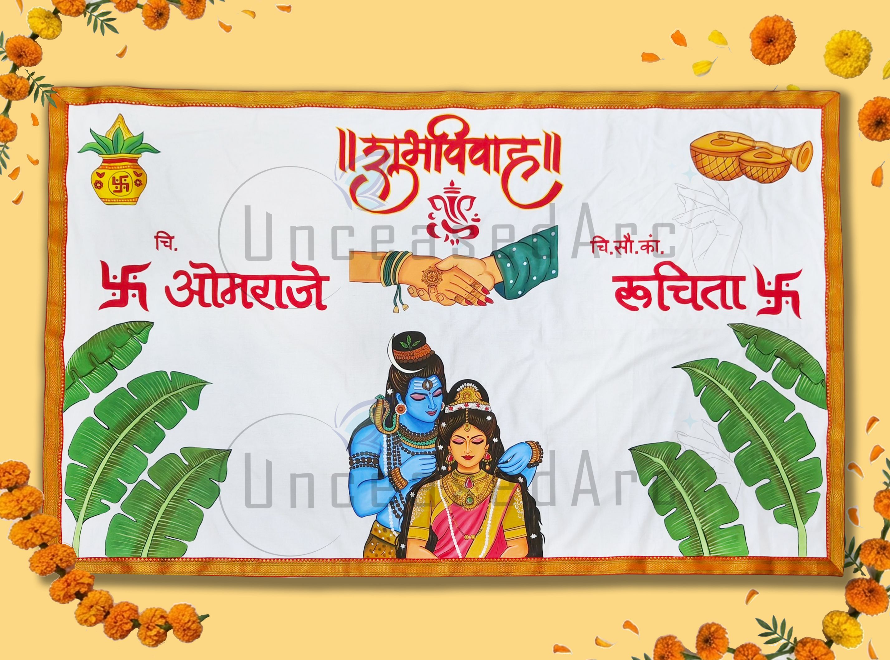 Shiv Parvati Hastmilap with Banana Leaves Antarpaat Design